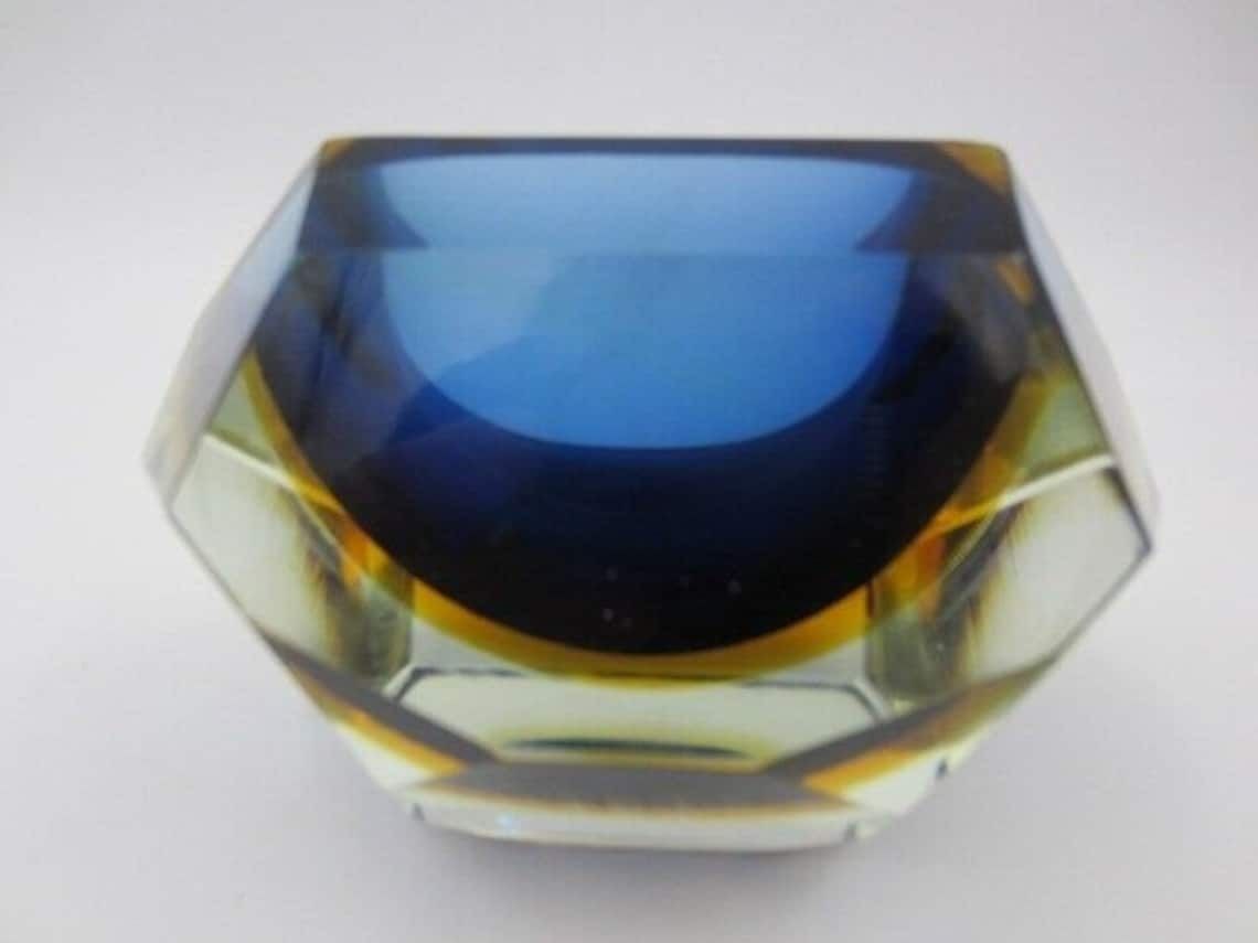 Mandruzzato Faceted Blue In Amber In Blue Murano Sommerso Diamond Cut Glass Bowl photo 235.0