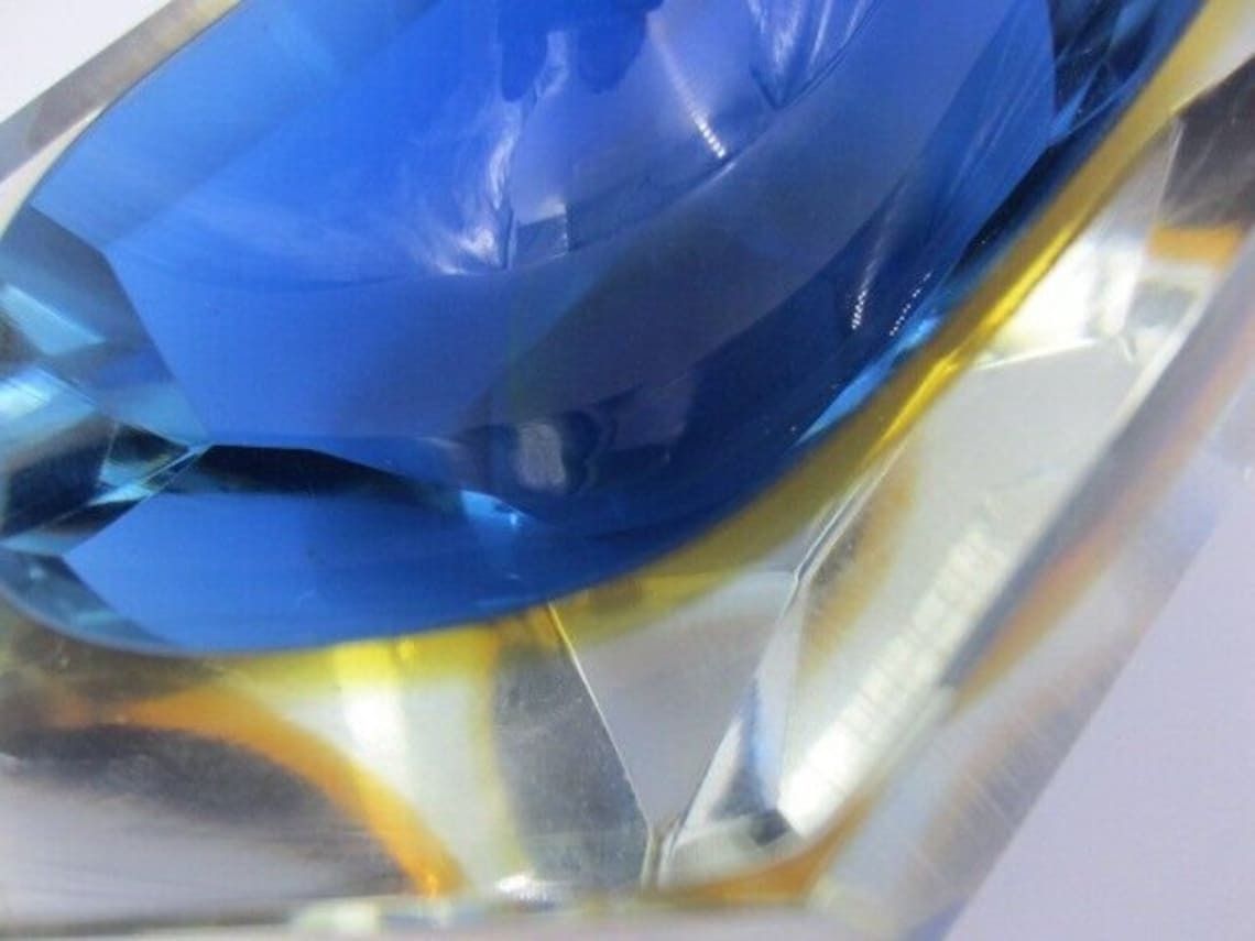 photo for sale Mandruzzato Faceted Blue In Amber In Blue Murano Sommerso Diamond Cut Glass Bowl