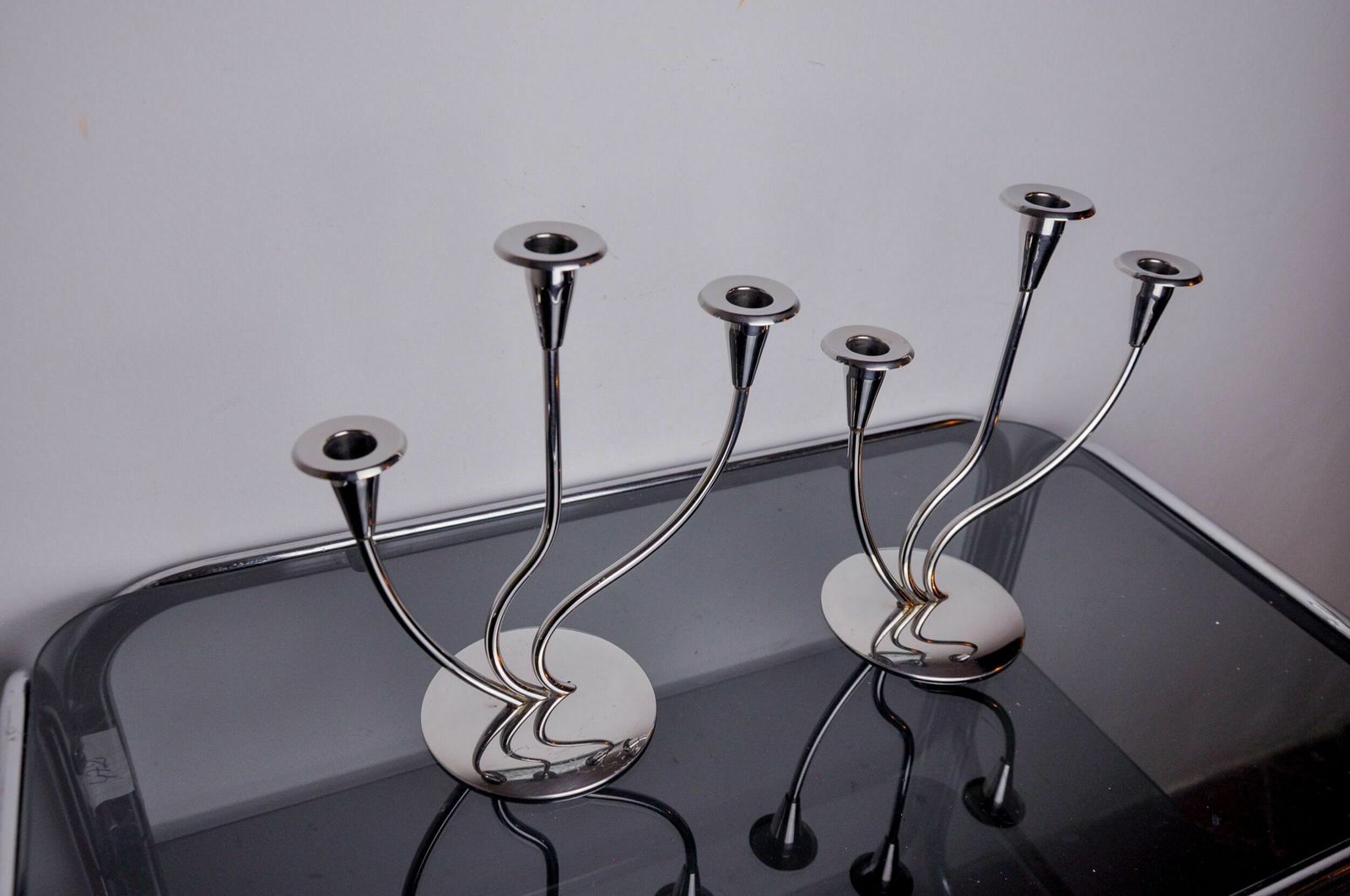 Pair Of Art Deco Candlesticks In Stainless Steel 3 Flames, Spain, 1970 photo 1007.0