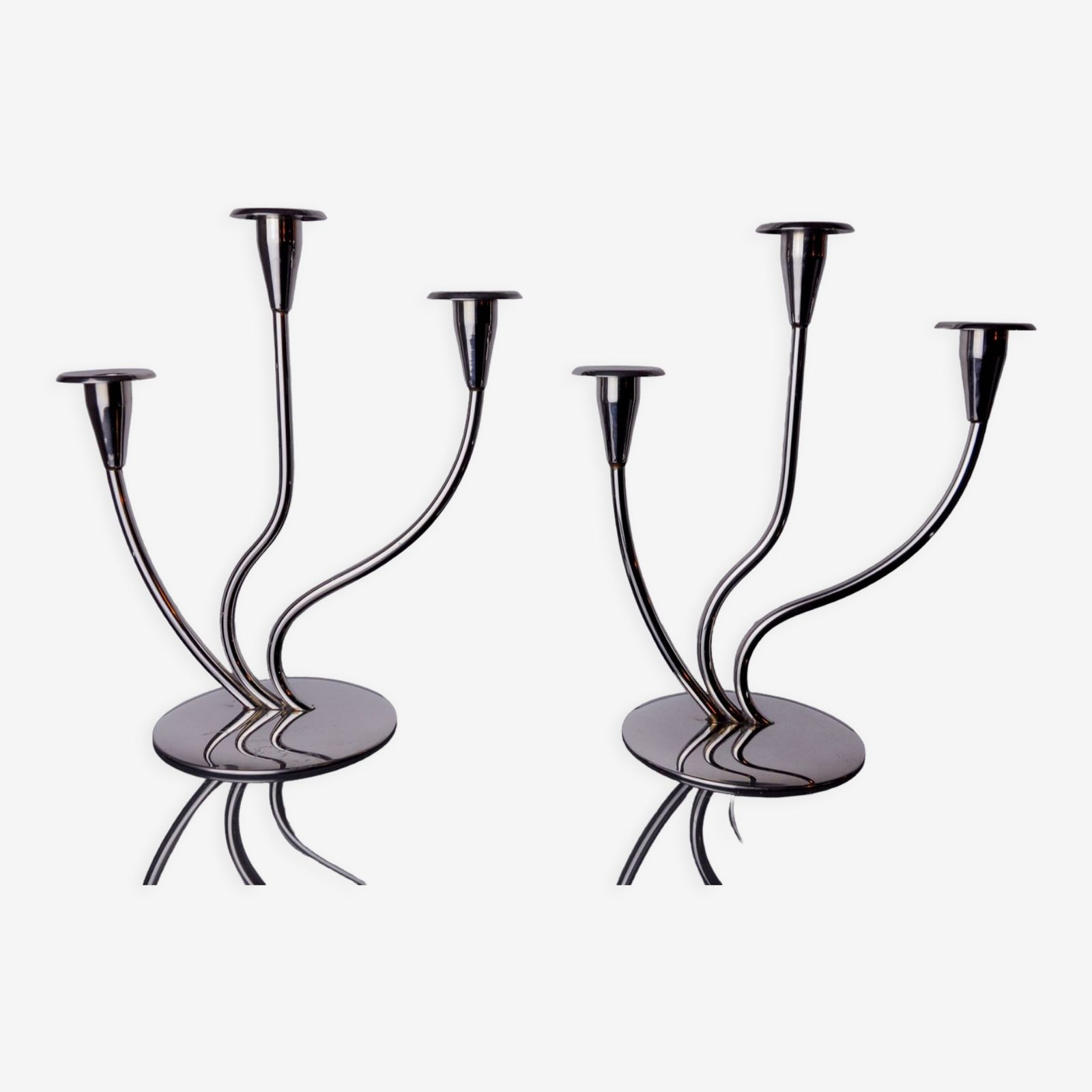 photo for sale Pair Of Art Deco Candlesticks In Stainless Steel 3 Flames, Spain, 1970