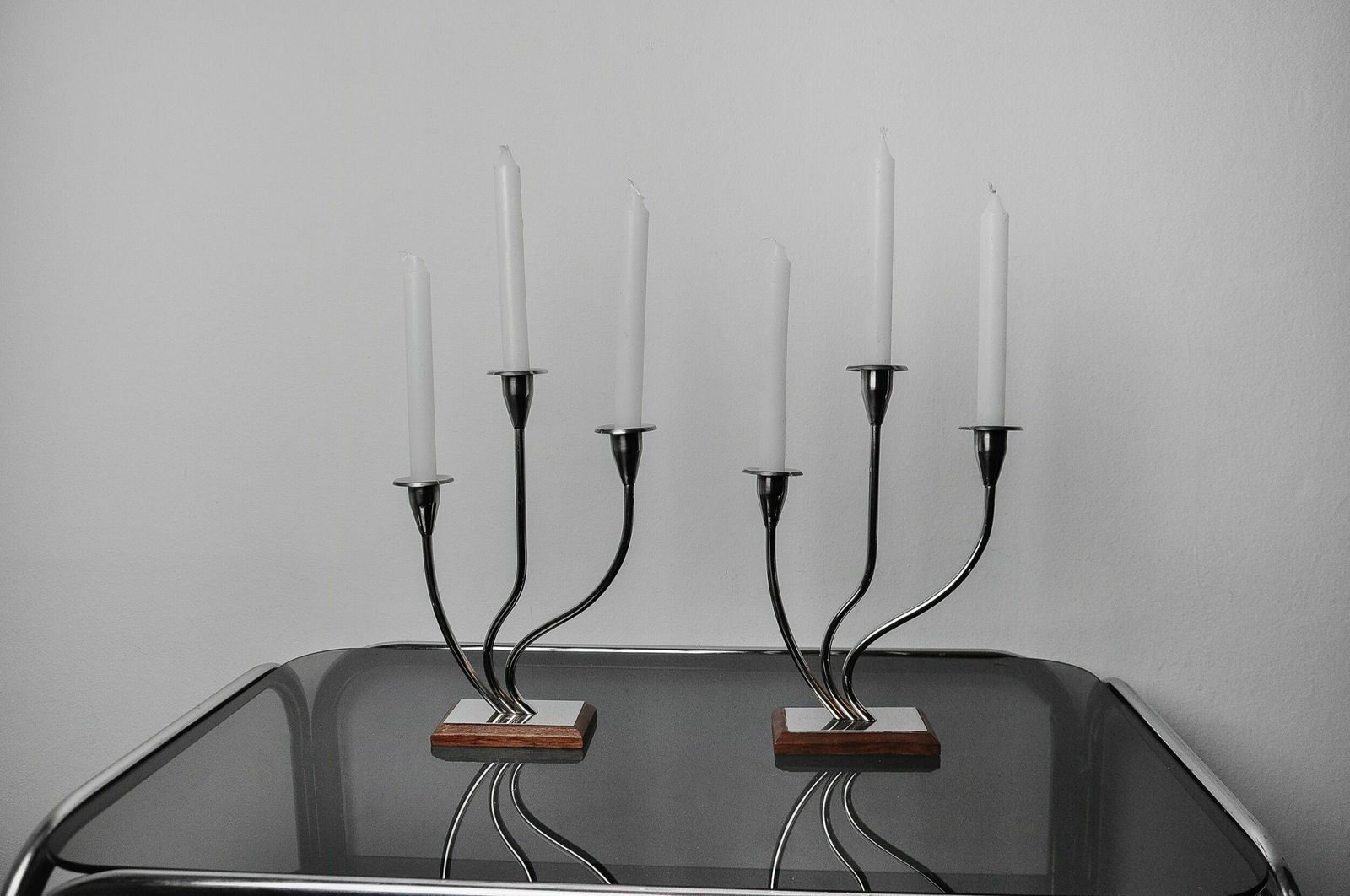 Pair Of Art Deco Candlesticks In Stainless Steel 3 Flames, Spain, 1970 photo for sale