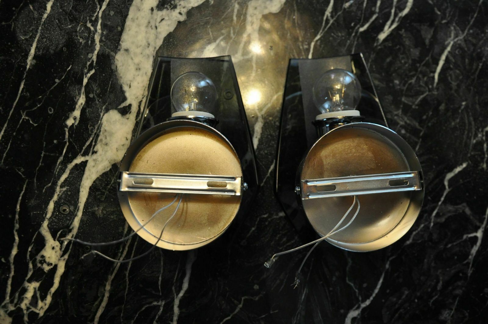 Pair Of Veca Wall Lamps, Black Murano Glass, Italy 1970 photo vintage