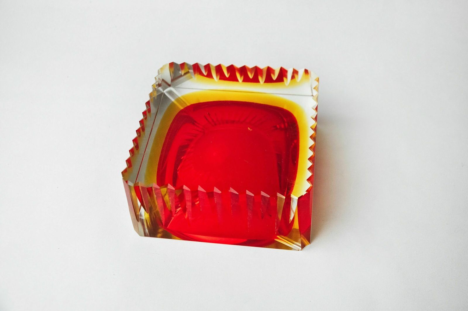 Red And Yellow Cubic Sommerso Ashtray By Seguso, Murano, Italy, 1970 photo vintage