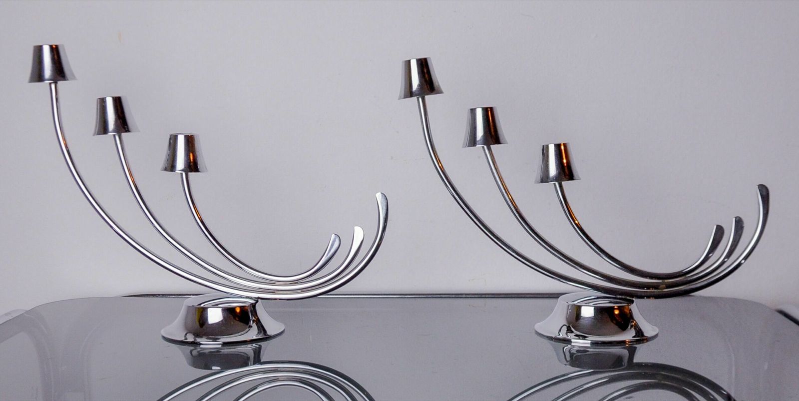 Pair Of Art Deco Candlesticks In Stainless Steel 3 Flames, Spain, 1970 photo furniture