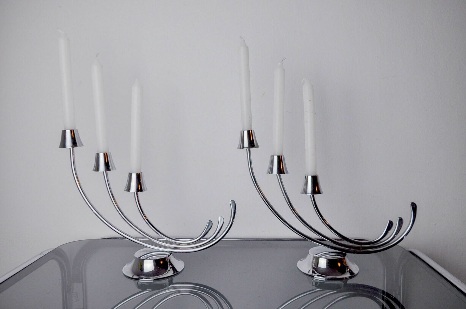 Pair Of Art Deco Candlesticks In Stainless Steel 3 Flames, Spain, 1970 photo for sale