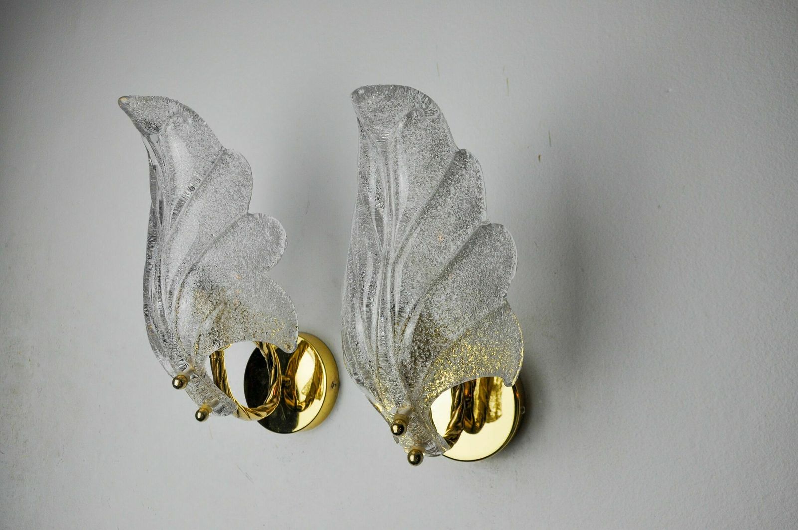 Pair Of Frosted Leaf Sconces, Murano Glass, Italy, 1970 photo furniture