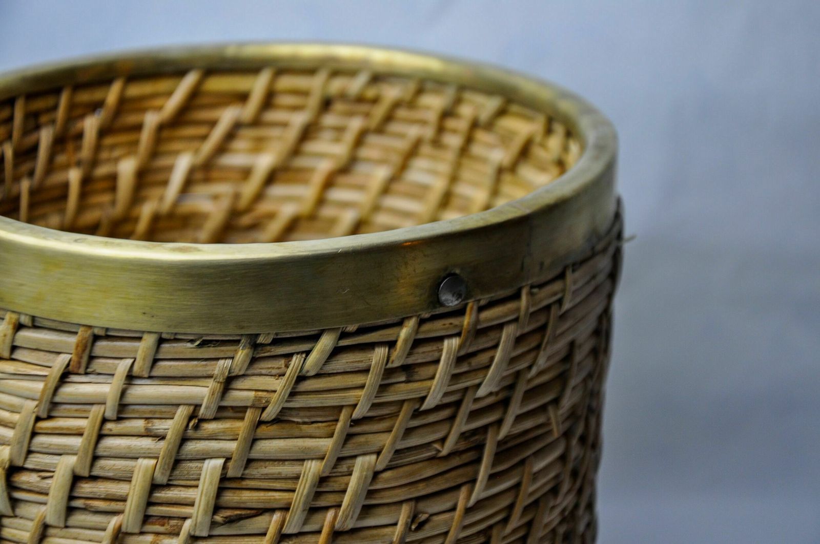 Rattan And Brass Book Holder Basket, Italy, 1970s photo vintage