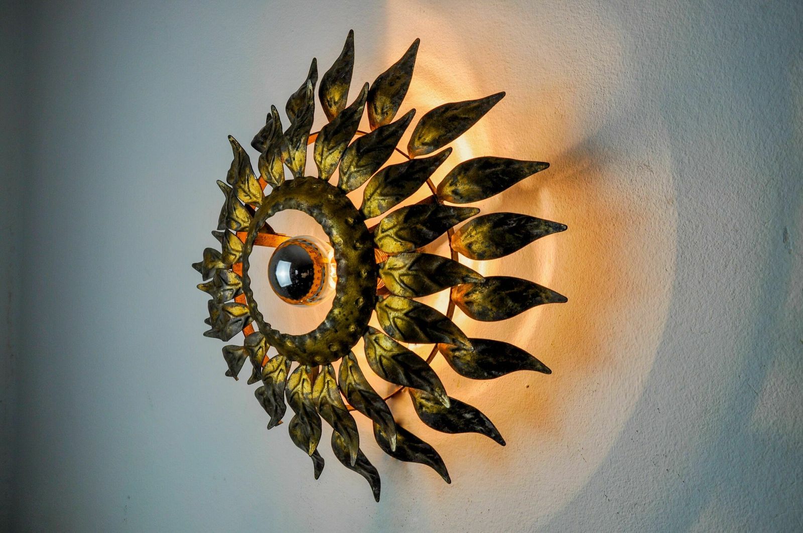 Sun Wall Lamp By Ferro Arte, Metal And Gold Leaf, Spain, 1960 photo buy