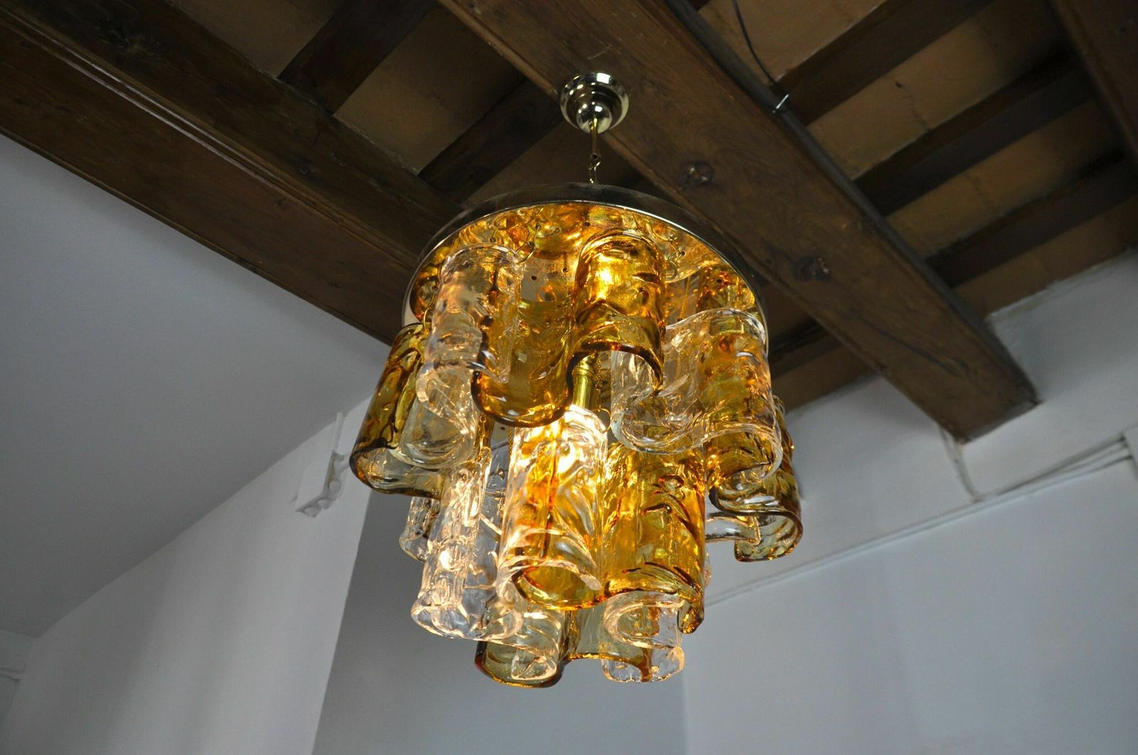 photo for sale Two Tone Chandelier By Zero Quattro, Orange And Transparent Murano Glass, Italy, 1970