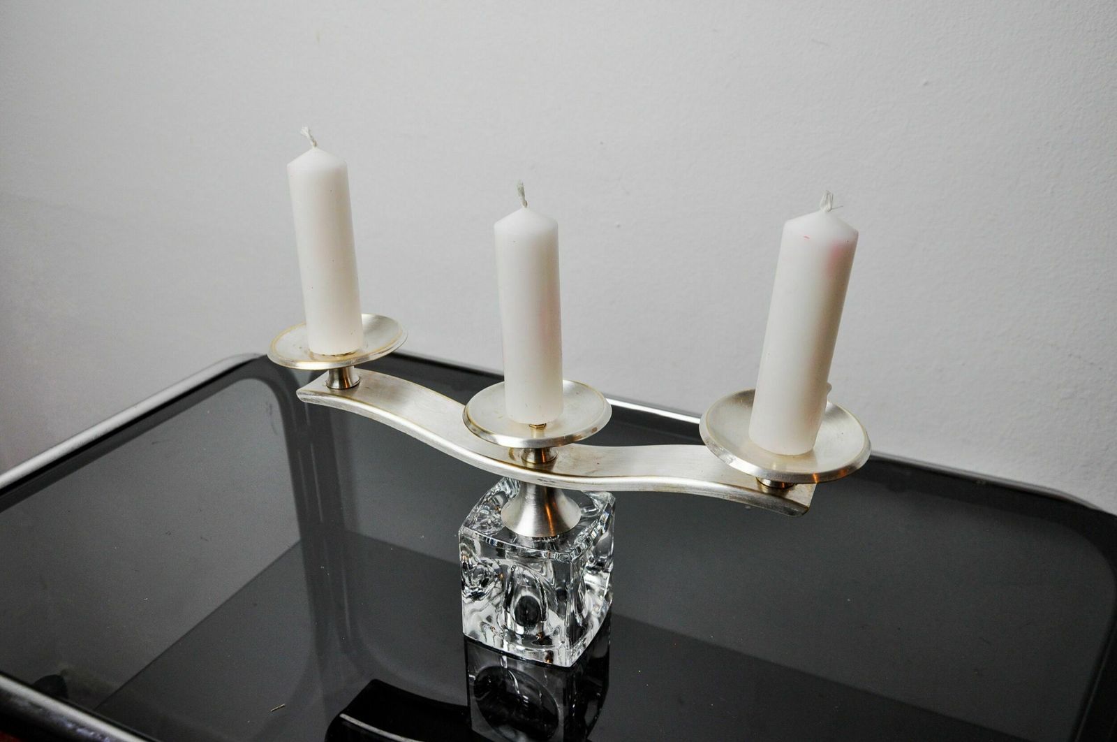 Ice Candle Holder By Peill & Putzler, 3 Flames, Glass And Silver Metal, Germany, 1970 photo for sale