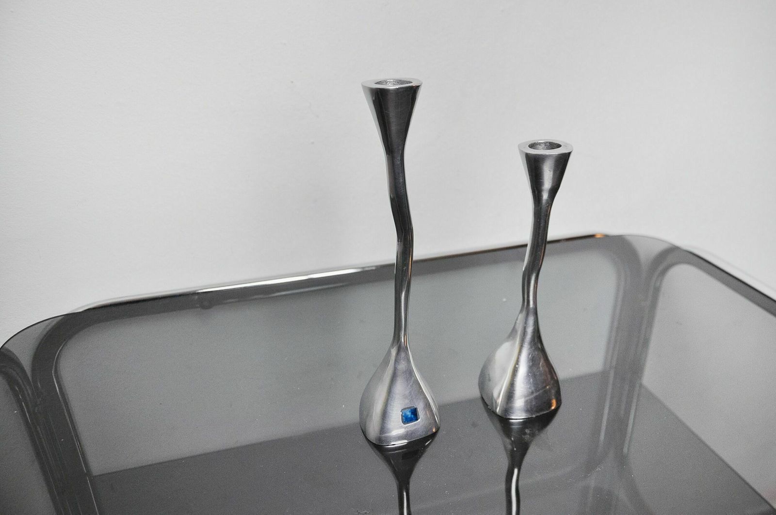 Pair Of Zigzag Candle Holders, Solid Aluminum And Polished Stone, Art3, Spain, 1970 photo vinterior