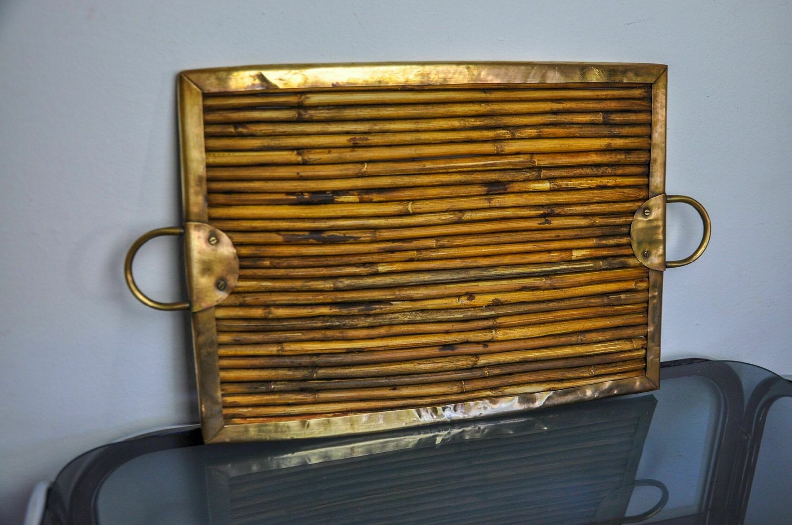 Rattan And Brass Tray, Italy, 1970s photo for sale