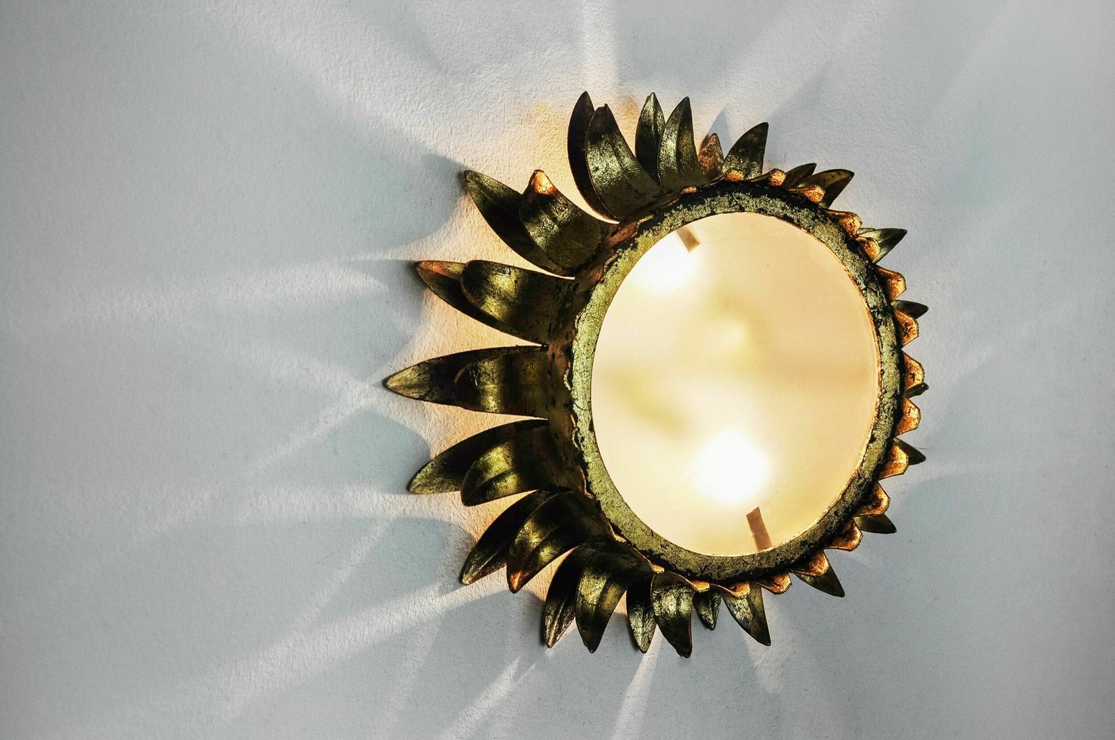 Wall Lamp Sun By Ferro Arte, Metal And Gold Leaf, Spain, 1960 photo for sale