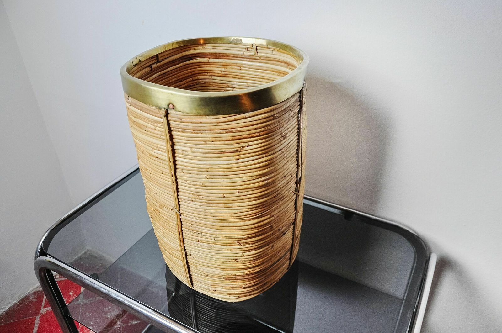 Rattan And Brass Umbrella Stand, Italy, 1970 photo for sale