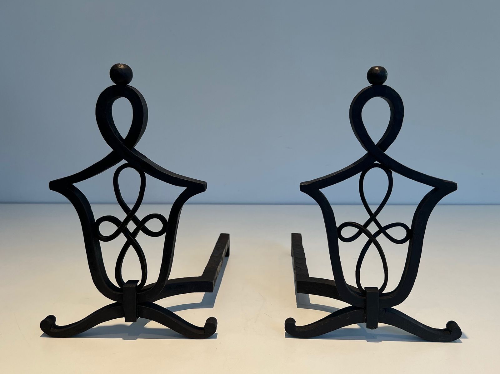 1150.0 Pair Of Wrought Iron Andirons In The Style Of Raymond Subes photo