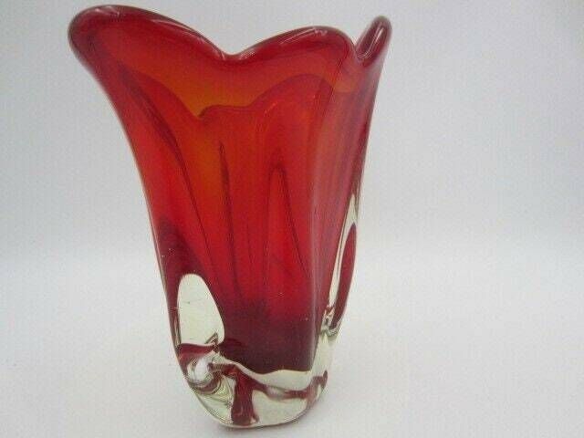 Murano Sommerso Ribbed Art Glass Vase 50s Red Organic Shaped photo furniture