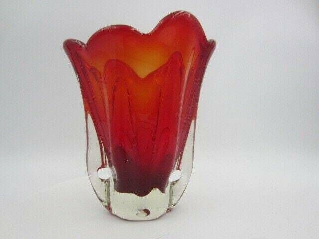 Murano Sommerso Ribbed Art Glass Vase 50s Red Organic Shaped photo vintage