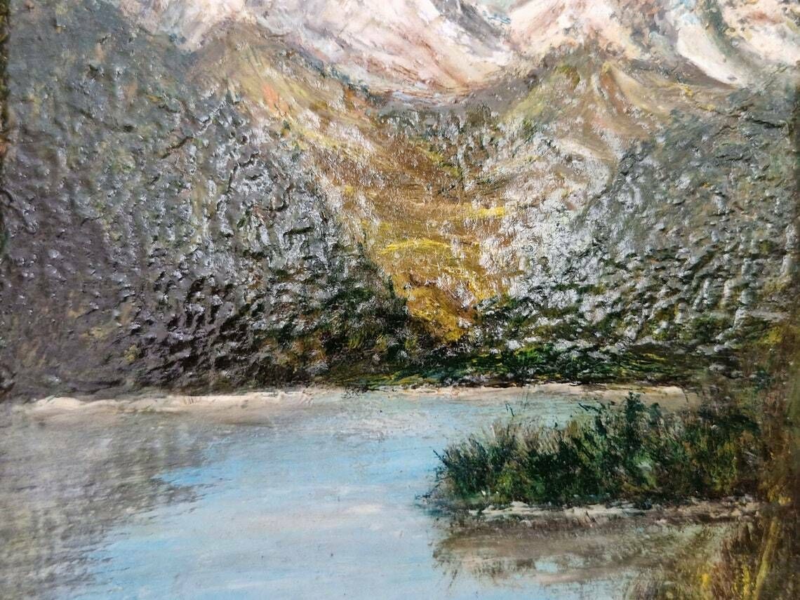 Alps Mountains And Lake Oil Landscape Painting Original Signed Mountainscape Wall Art photo vintage