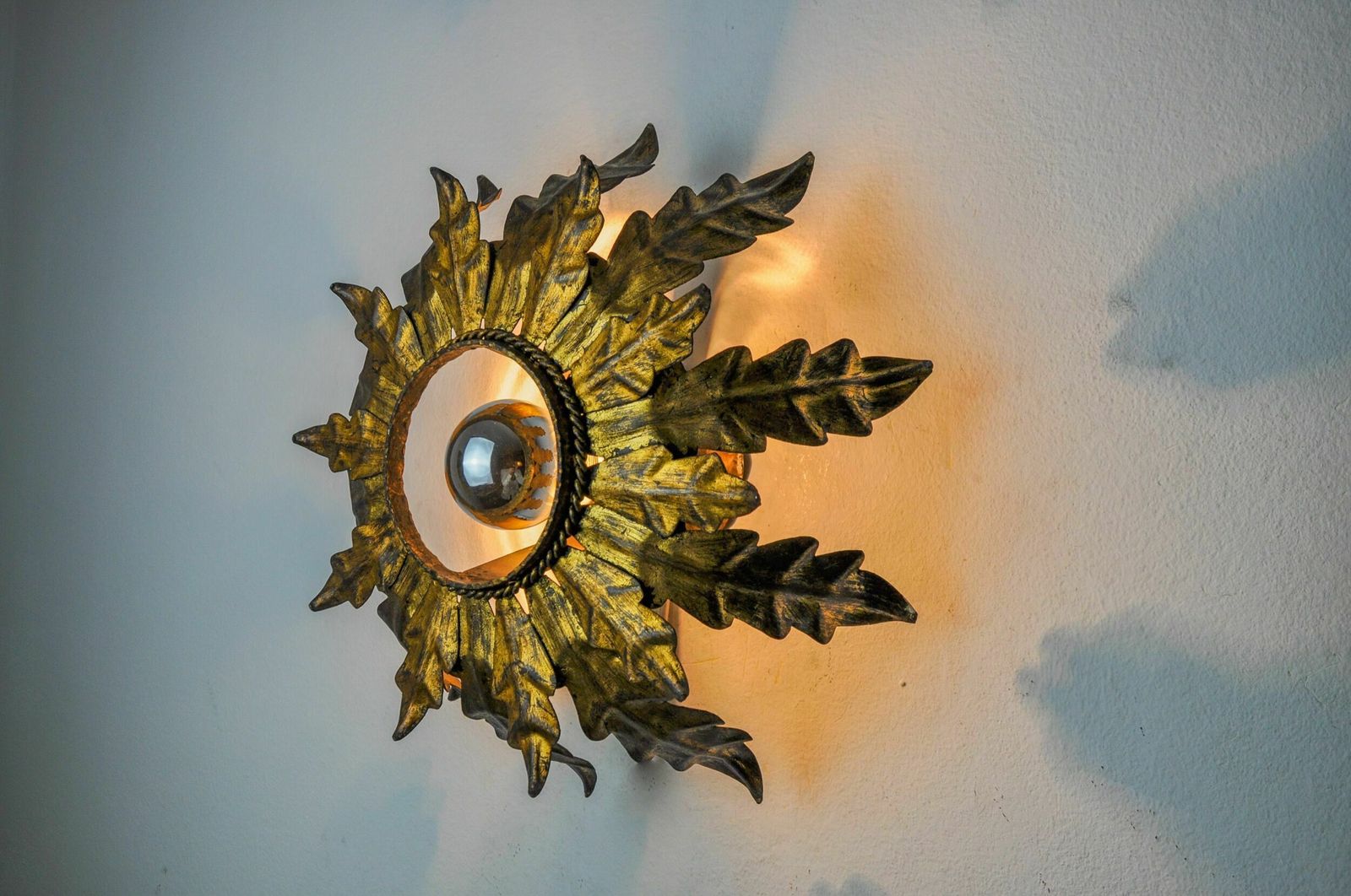 Sun Wall Lamp By Ferro Arte, Metal And Gold Leaf, Spain, 1960 photo for sale