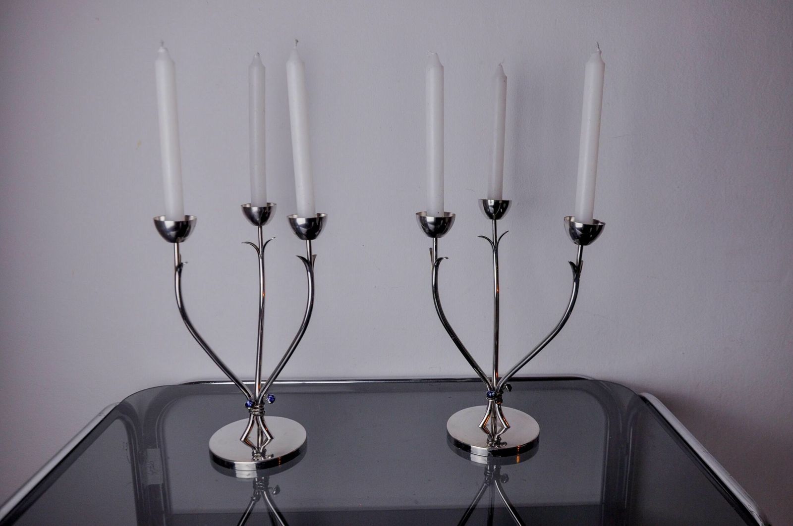 Pair Of Art Deco Candlesticks In Stainless Steel 3 Flames And Blue Stones, Spain, 1970 photo for sale