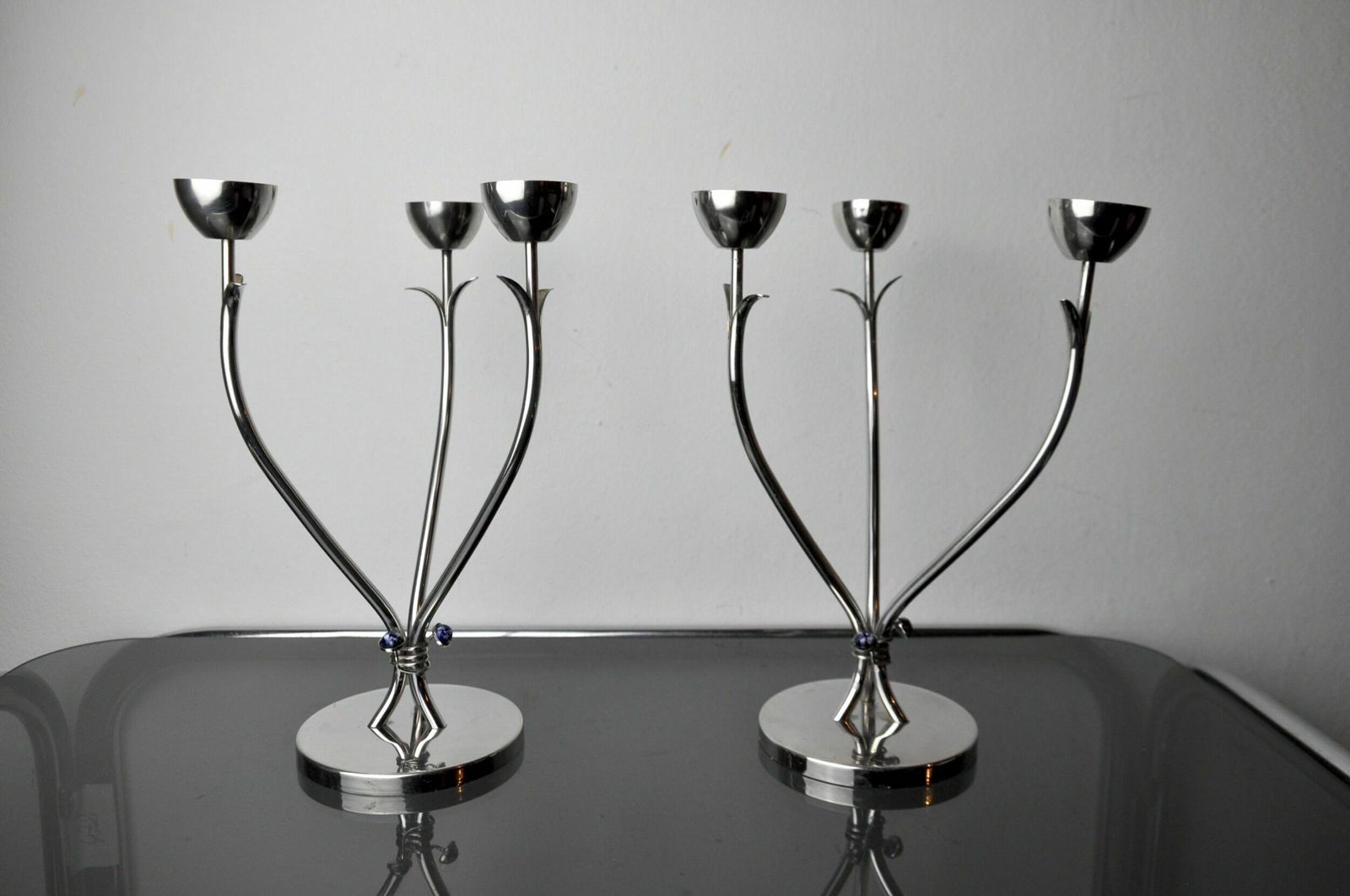 Pair Of Art Deco Candlesticks In Stainless Steel 3 Flames And Blue Stones, Spain, 1970 photo Home Decor