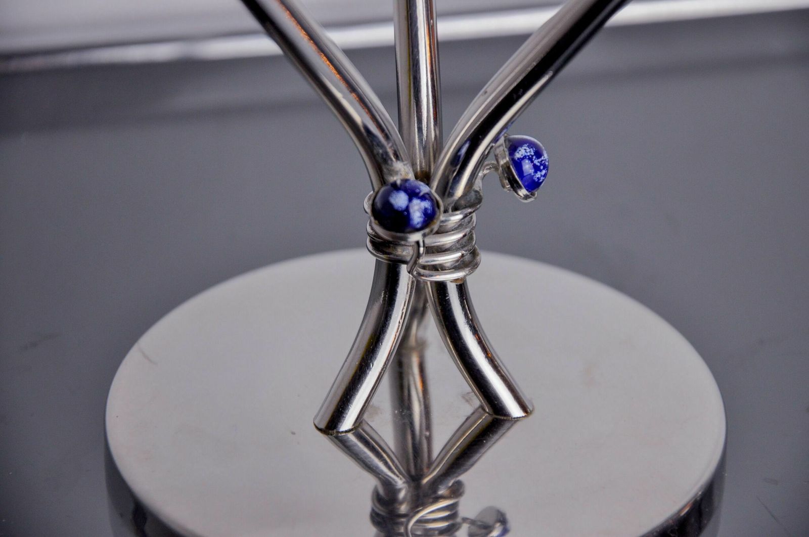 Pair Of Art Deco Candlesticks In Stainless Steel 3 Flames And Blue Stones, Spain, 1970 photo buy