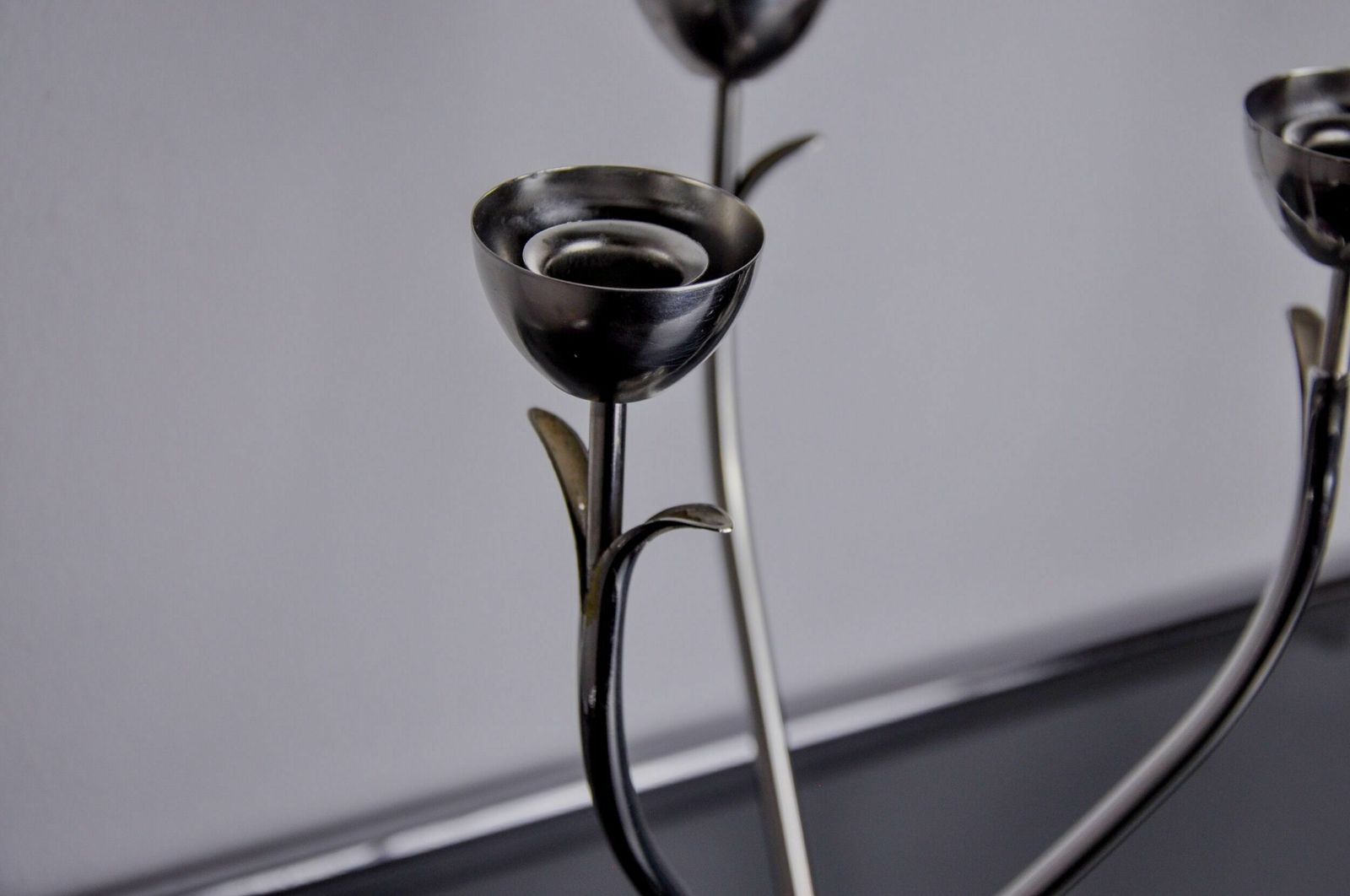 Pair Of Art Deco Candlesticks In Stainless Steel 3 Flames And Blue Stones, Spain, 1970 photo vintage