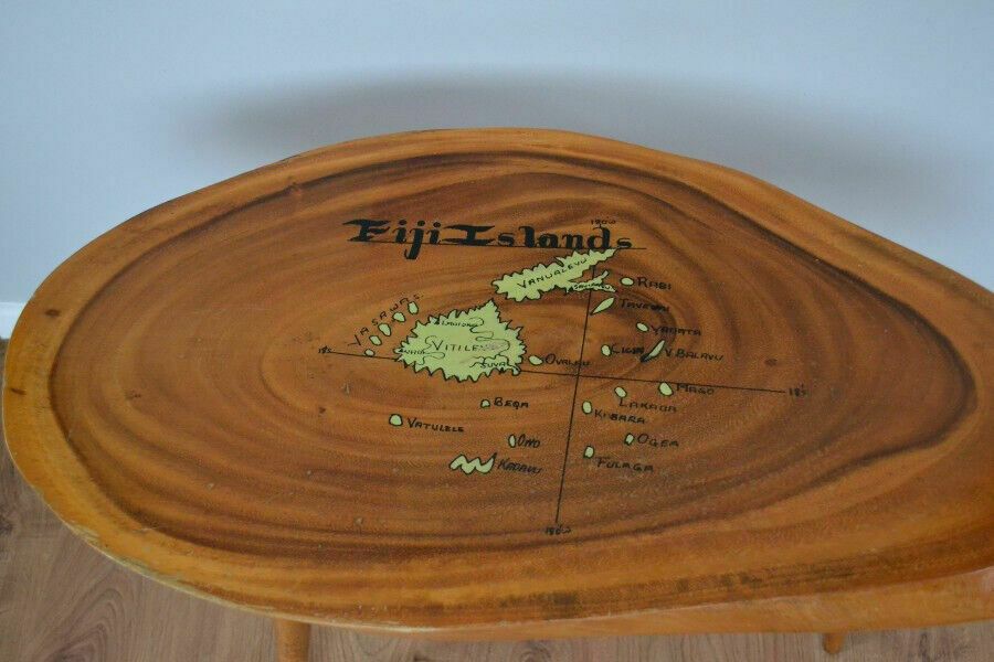 Mid 20th Century Coffee Table With Live Edge And Painted Map Of Fiji Islands photo for sale