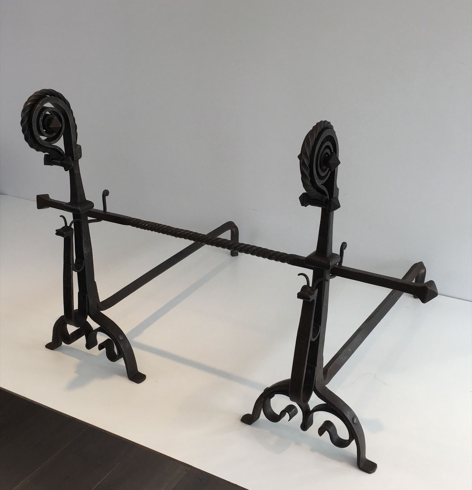 Pair Of Important Wrought Iron Andirons Representing A Snail photo furniture