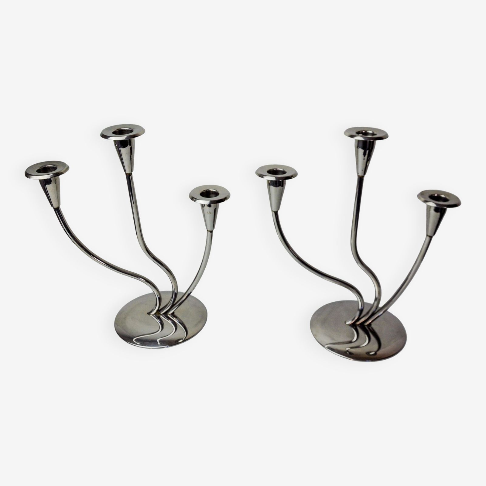 Pair Of Art Deco Candlesticks In Stainless Steel 3 Flames, Spain, 1970