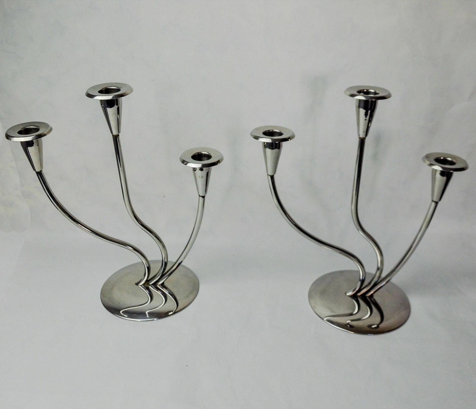 Pair Of Art Deco Candlesticks In Stainless Steel 3 Flames, Spain, 1970 photo furniture
