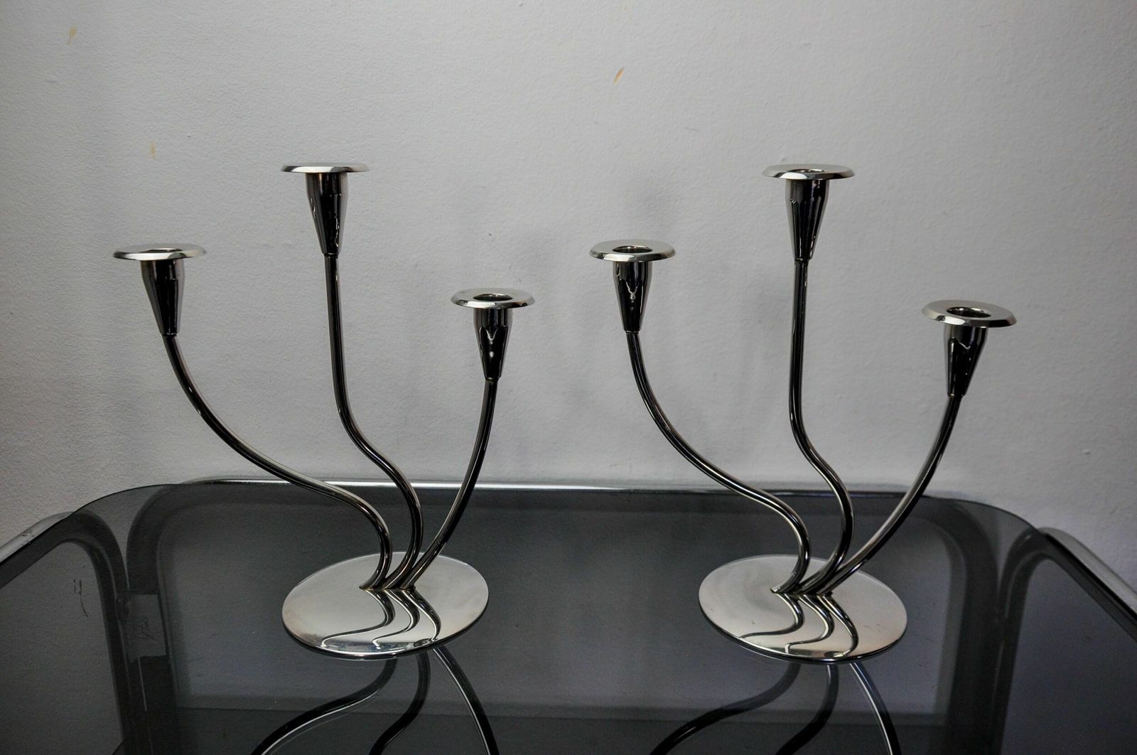 Pair Of Art Deco Candlesticks In Stainless Steel 3 Flames, Spain, 1970 photo Home Decor