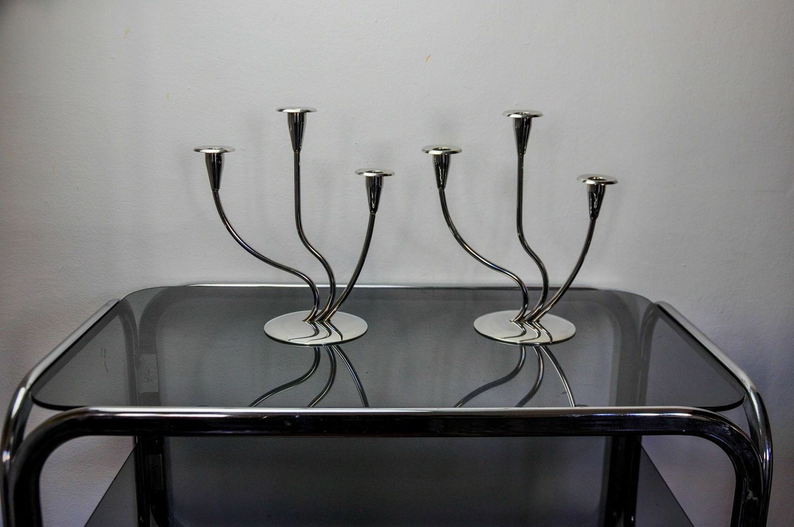 Pair Of Art Deco Candlesticks In Stainless Steel 3 Flames, Spain, 1970 photo buy