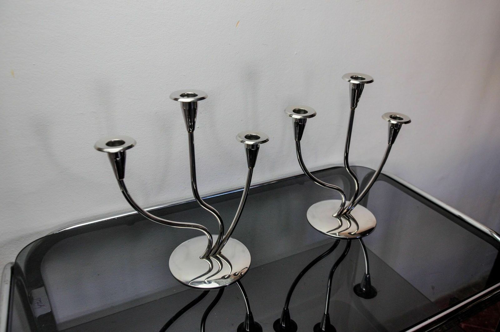 photo furniture Pair Of Art Deco Candlesticks In Stainless Steel 3 Flames, Spain, 1970
