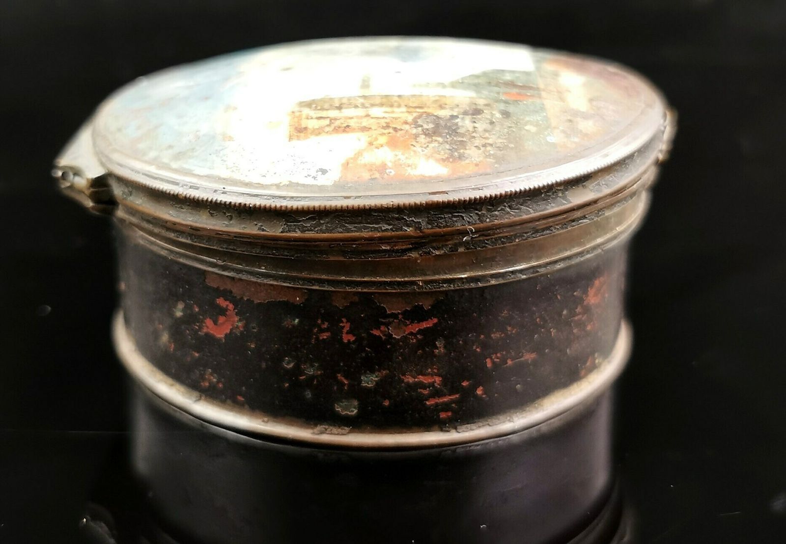 Antique Hand Painted Lacquered Snuff Box, Coastal Scene photo vintage