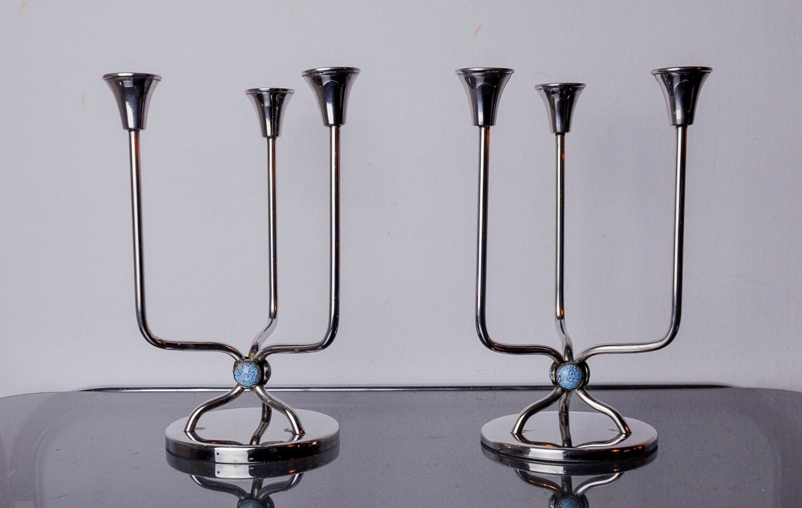 Pair Of Art Deco Candlesticks In Stainless Steel 3 Flames And Blue Stones, Spain, 1970 photo furniture