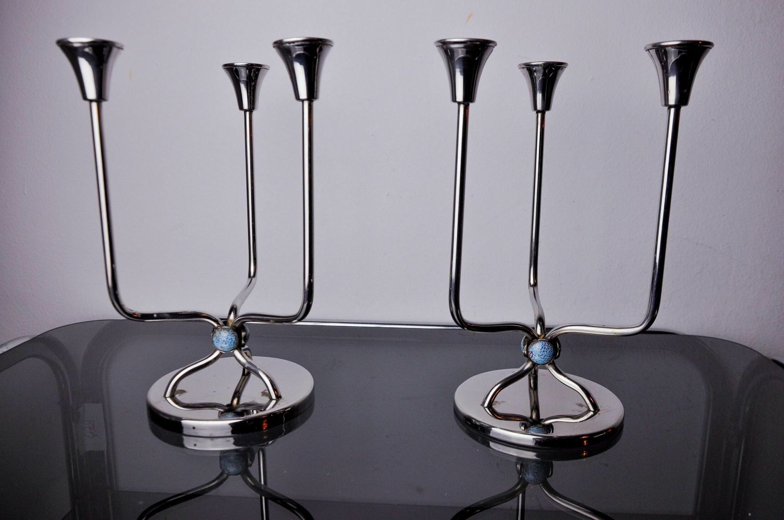 Pair Of Art Deco Candlesticks In Stainless Steel 3 Flames And Blue Stones, Spain, 1970 photo Home Decor
