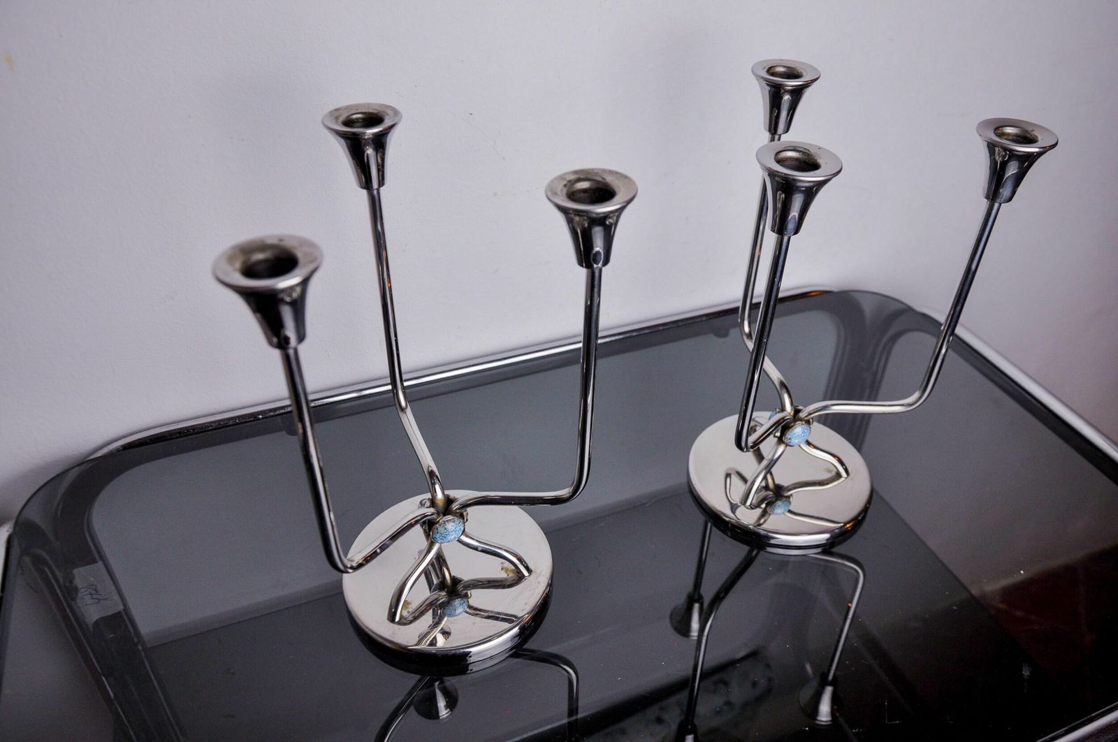 Pair Of Art Deco Candlesticks In Stainless Steel 3 Flames And Blue Stones, Spain, 1970 photo vinterior