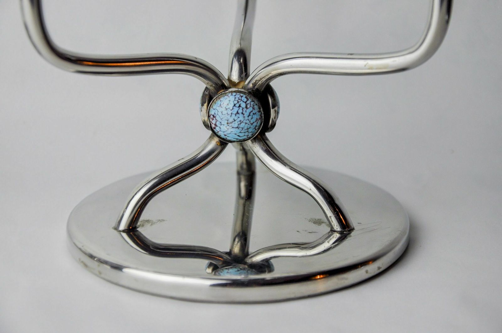 photo furniture Pair Of Art Deco Candlesticks In Stainless Steel 3 Flames And Blue Stones, Spain, 1970