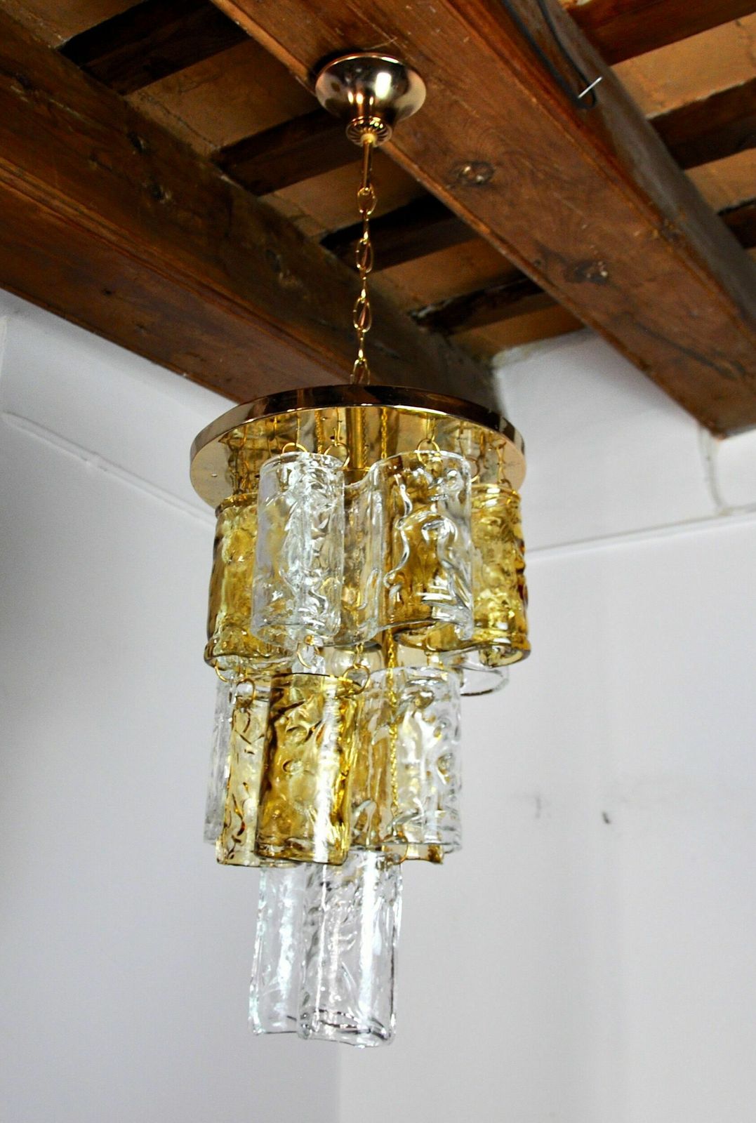 Two Tone Chandelier By Zero Quattro, 3 Levels, Orange And Transparent Murano Glass, photo for sale