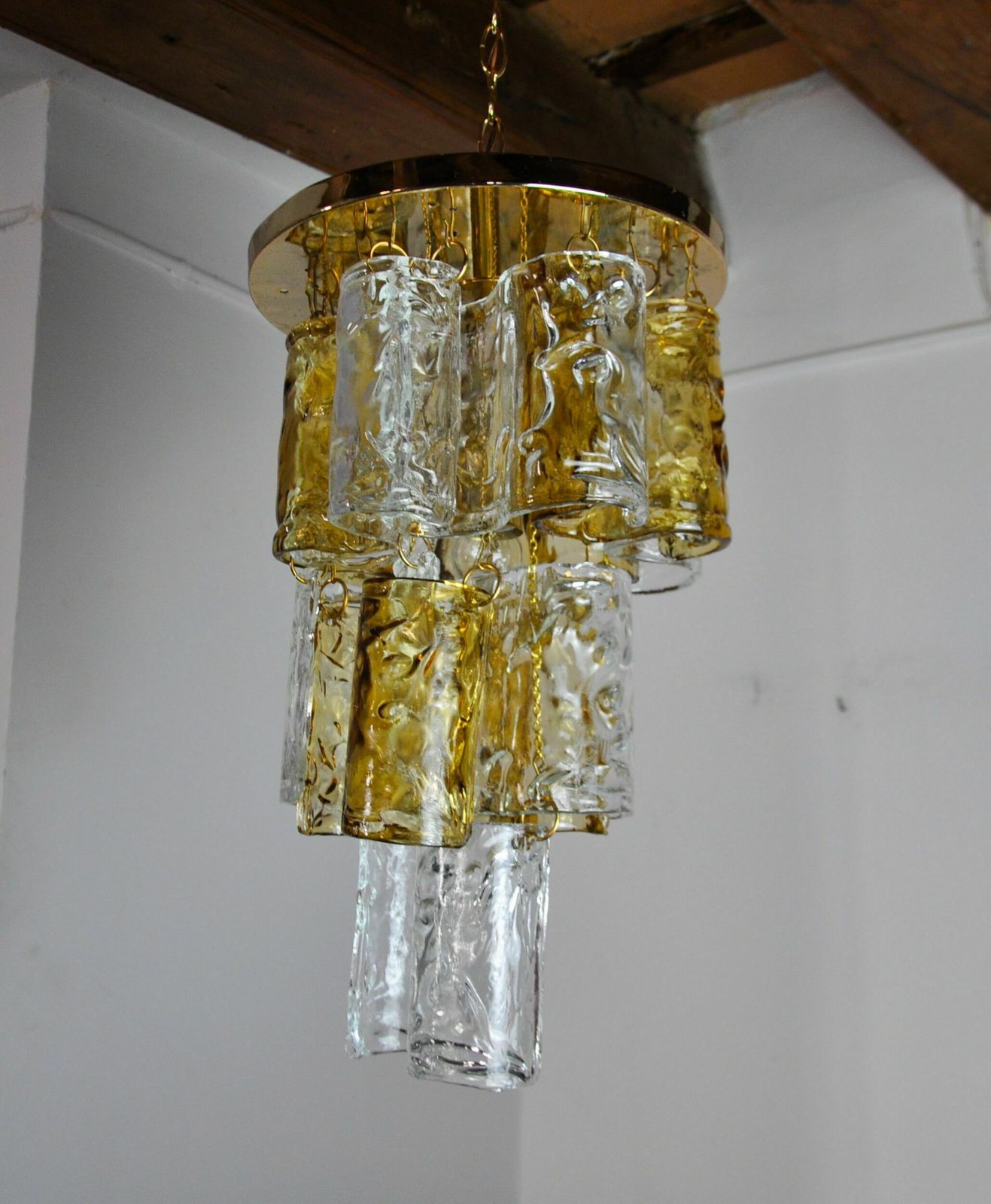 Two Tone Chandelier By Zero Quattro, 3 Levels, Orange And Transparent Murano Glass, photo Lighting