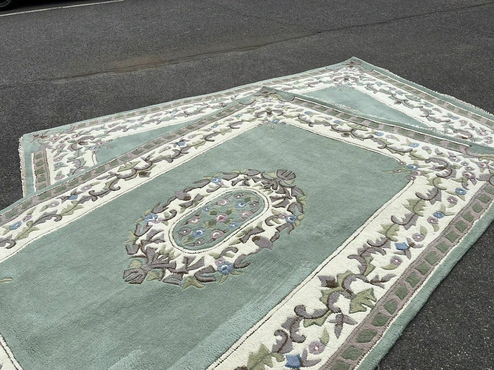 Pair Of Green & White Rugs,Handmade With 100 % Wool. Deep Pile. photo for sale