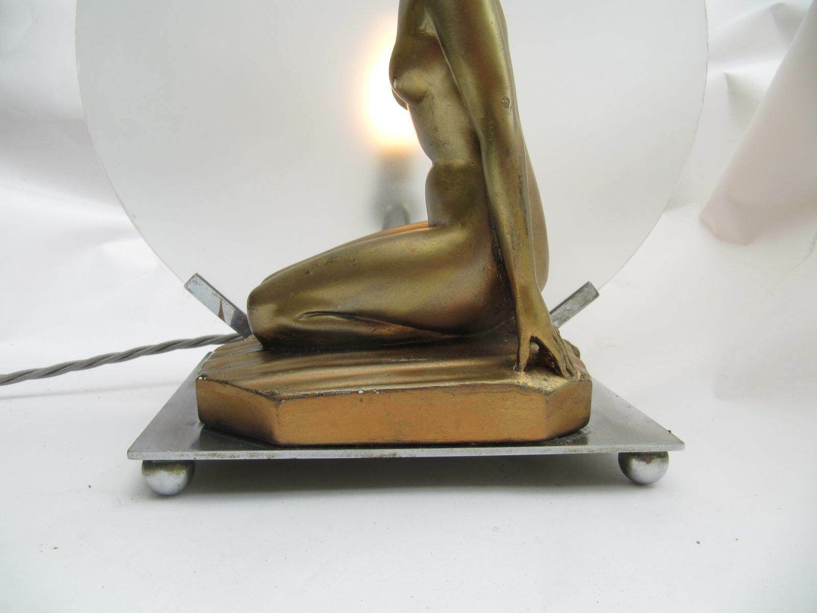 Art Deco Large Lamp Gilt Lady Figurine Kneeling, Circular Glass Diffuser, On Chrome Base photo furniture