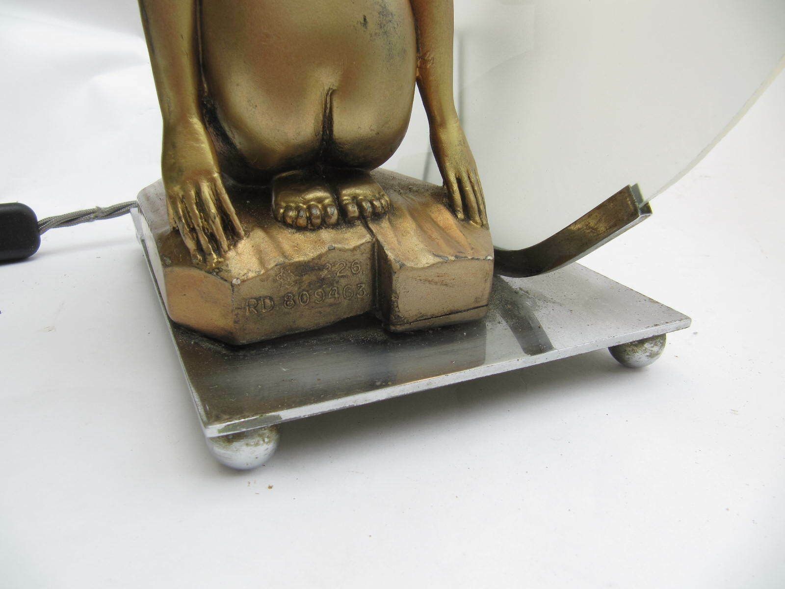 Art Deco Large Lamp Gilt Lady Figurine Kneeling, Circular Glass Diffuser, On Chrome Base photo 325.0