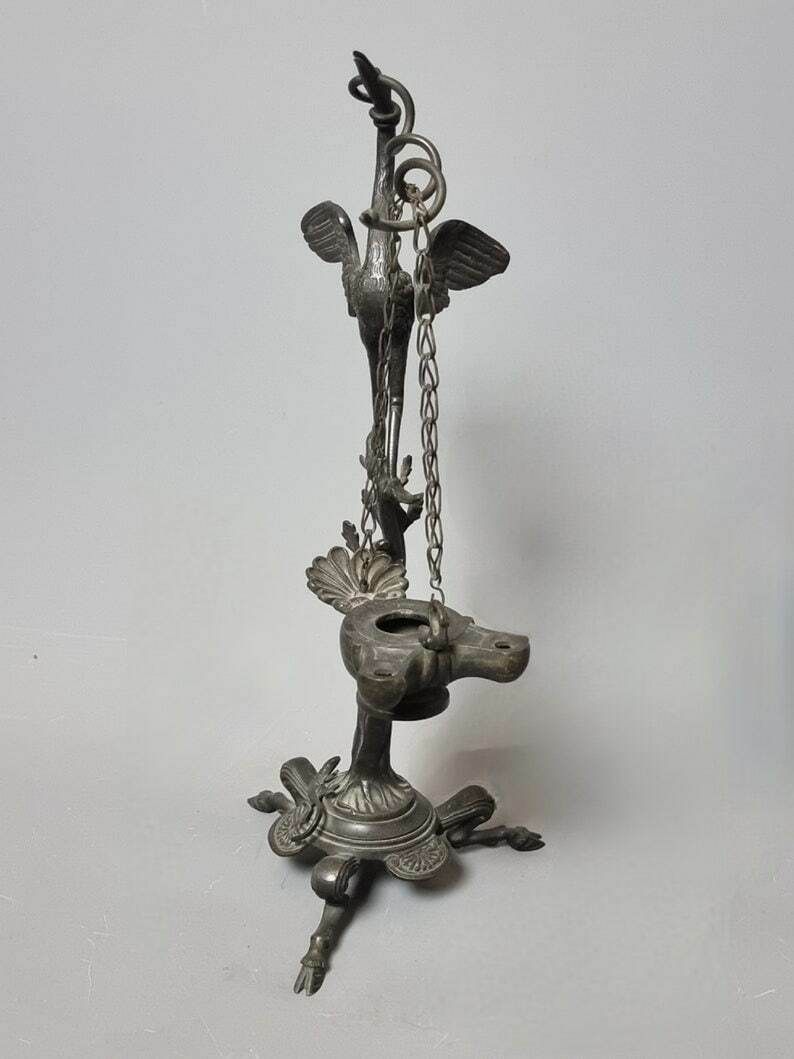 Antique Bronze Oil Lamp, Grand Tour, Stork, Snake, 19th Century photo Lighting