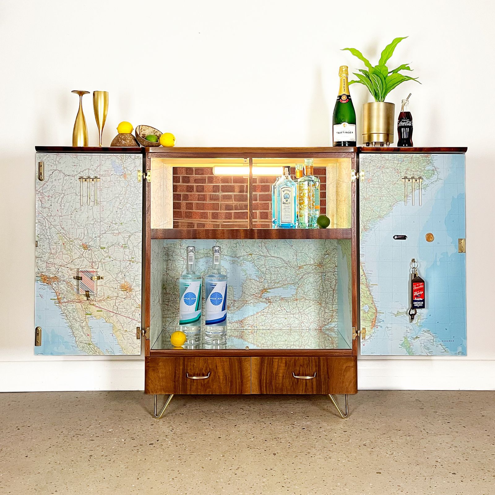 Mid Century Cocktail Cabinet By Turnidge In Walnut With Lighting And Maximalist Vintage American Airlines Travel Design photo for sale