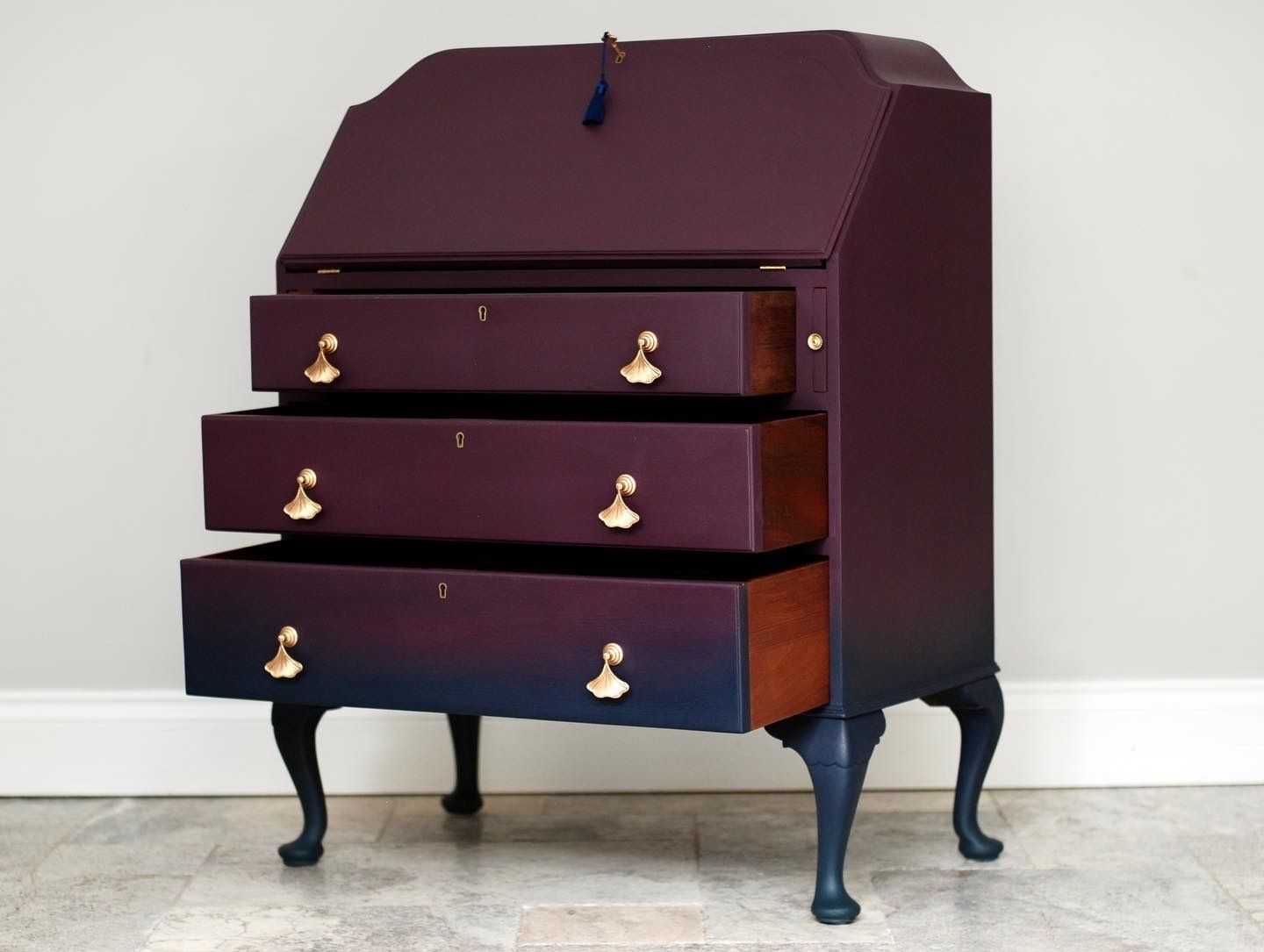 Queen Anne Style Ombre Writing Bureau In Deep Purple And Blue photo vinterior