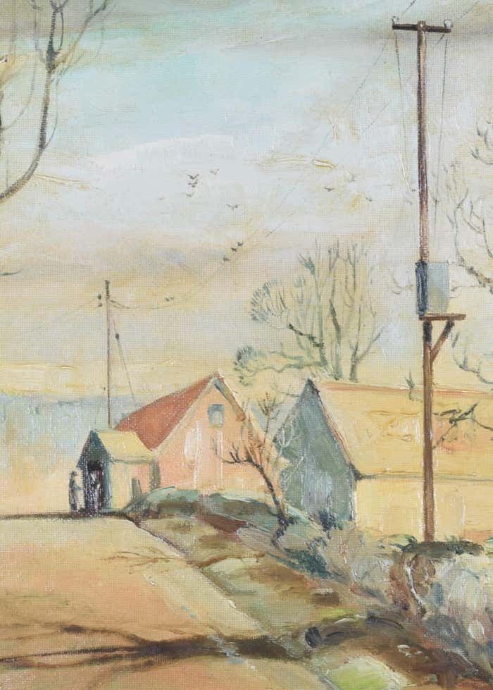 Ralph Gillies Modern British Oil Painting "Farmhouse In English Landscape", Ralph Gillies 1964 photo for sale