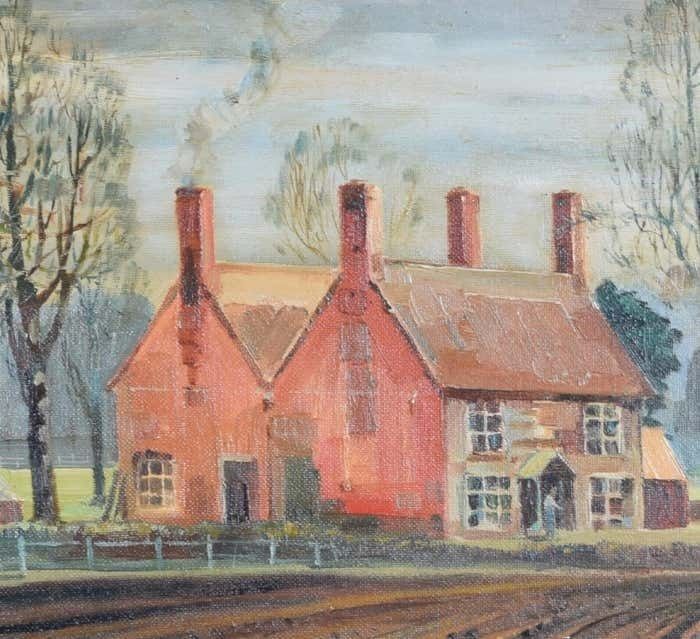 Ralph Gillies Modern British Oil Painting "Farmhouse By Lane", Ralph Gillies 1964 photo for sale