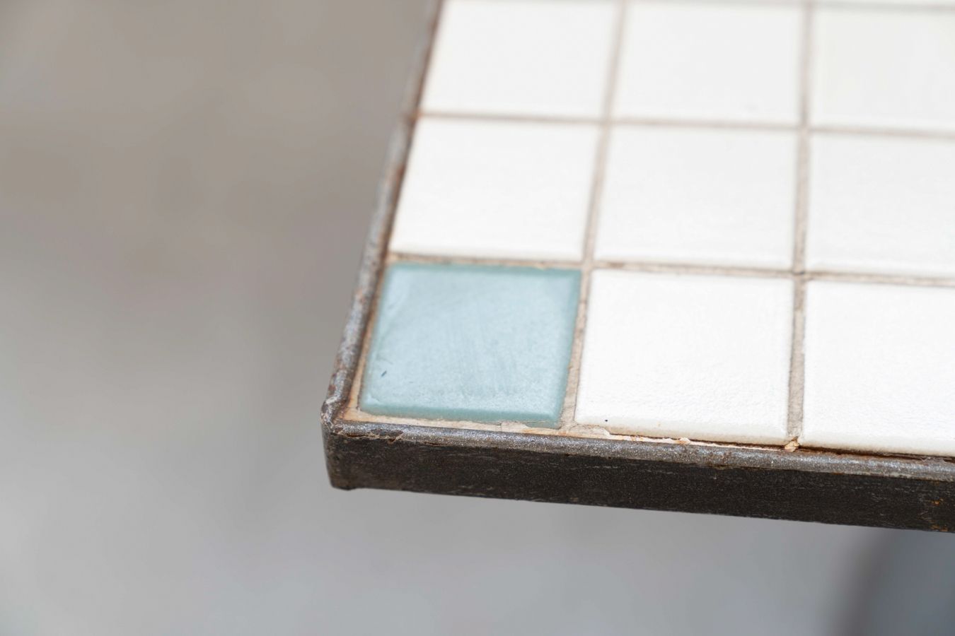 Table With Tiled Mosaic Top, Single Flat Central Leg, Round In Iron, 1950 photo for sale